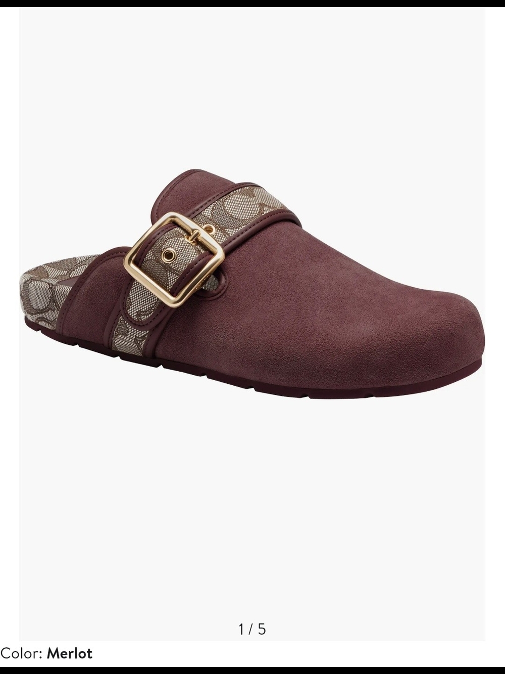 Coach Monogram/Merlot "Archival Buckle" Suede Slip-On Clog